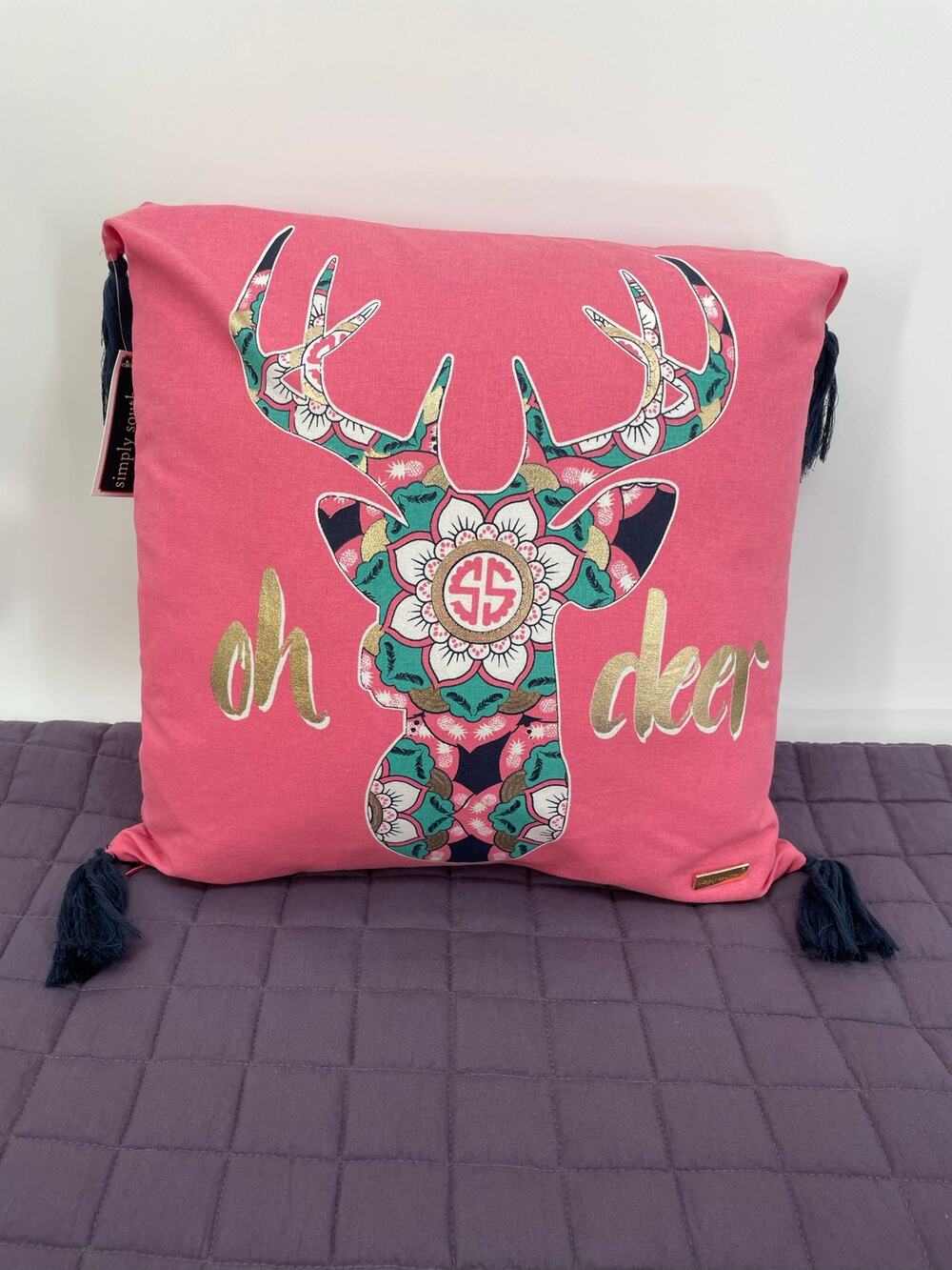 Simply Southern Accent Pillow “oh deer” 15in x 15in pink with gold accents NWT
